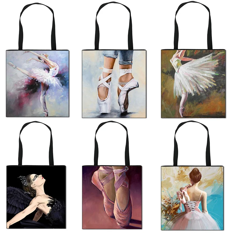 Cartoon Ballet Print Tote Bag Girl Dance Shoes 3D Shoulder Bag Portable Shopping Storage Bags Portable Foldable Handbag