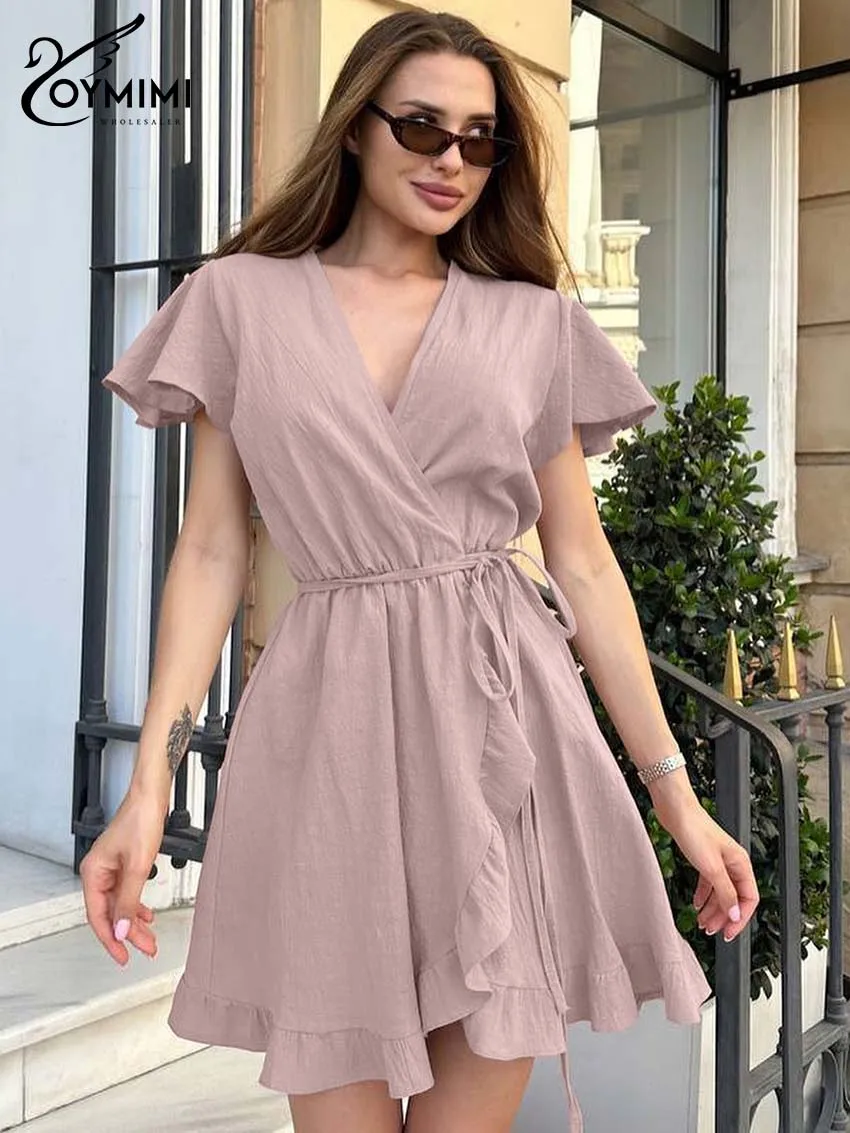 

Oymimi Elegant Pink Cotton Dresses For Woman Fashion V-Neck Short Sleeve Lace-Up Dresses Autumn Loose Ruffled Mini Dress Female