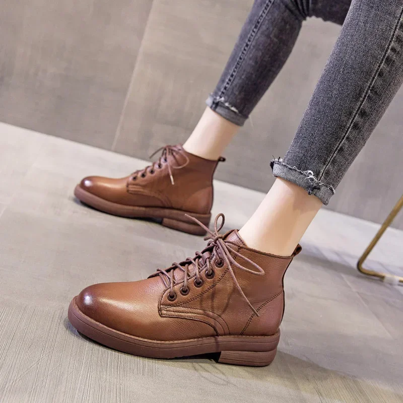 Autumn/Winter New Genuine Leather Retro Academy Style Martin Boots Lace up Low Rise Casual Short Boots Slim Boots for Children