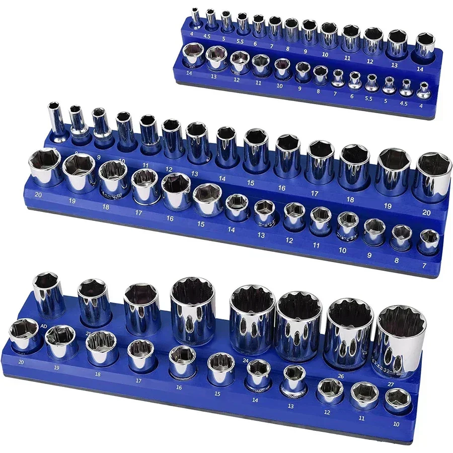 1pcs Blue Magnetic Sockets Storage Rack 1/4In 3/8In 1/2In Plastic Socket Display Holder Kit Professional Metric Tools Organizer