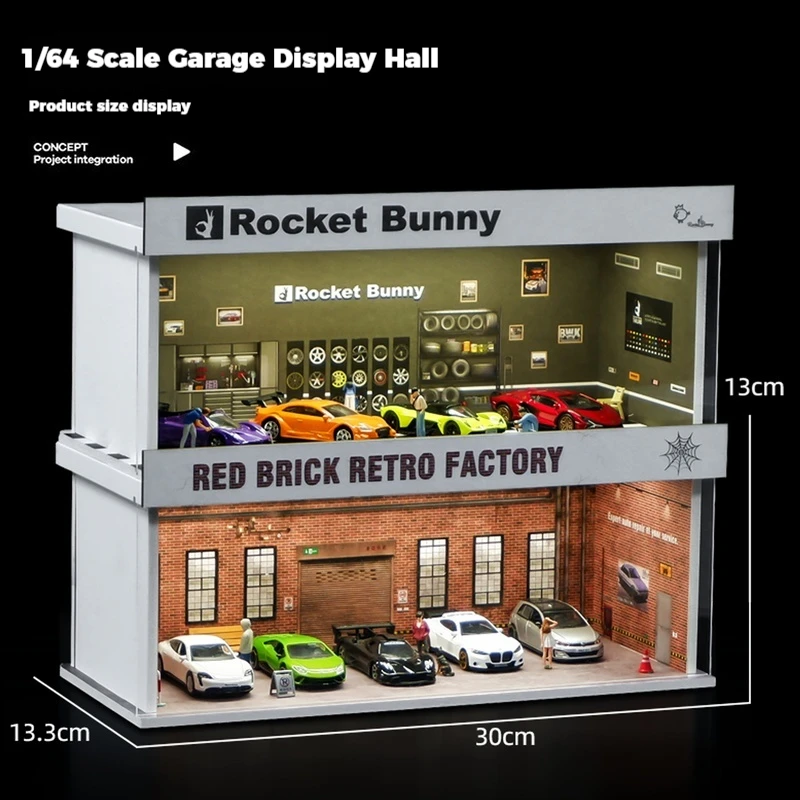 Coletor 1:64 modelo de cena em miniatura de oficina de carro, simulação de estacionamento com luzes, caixa de exibição de armazenamento de garagem