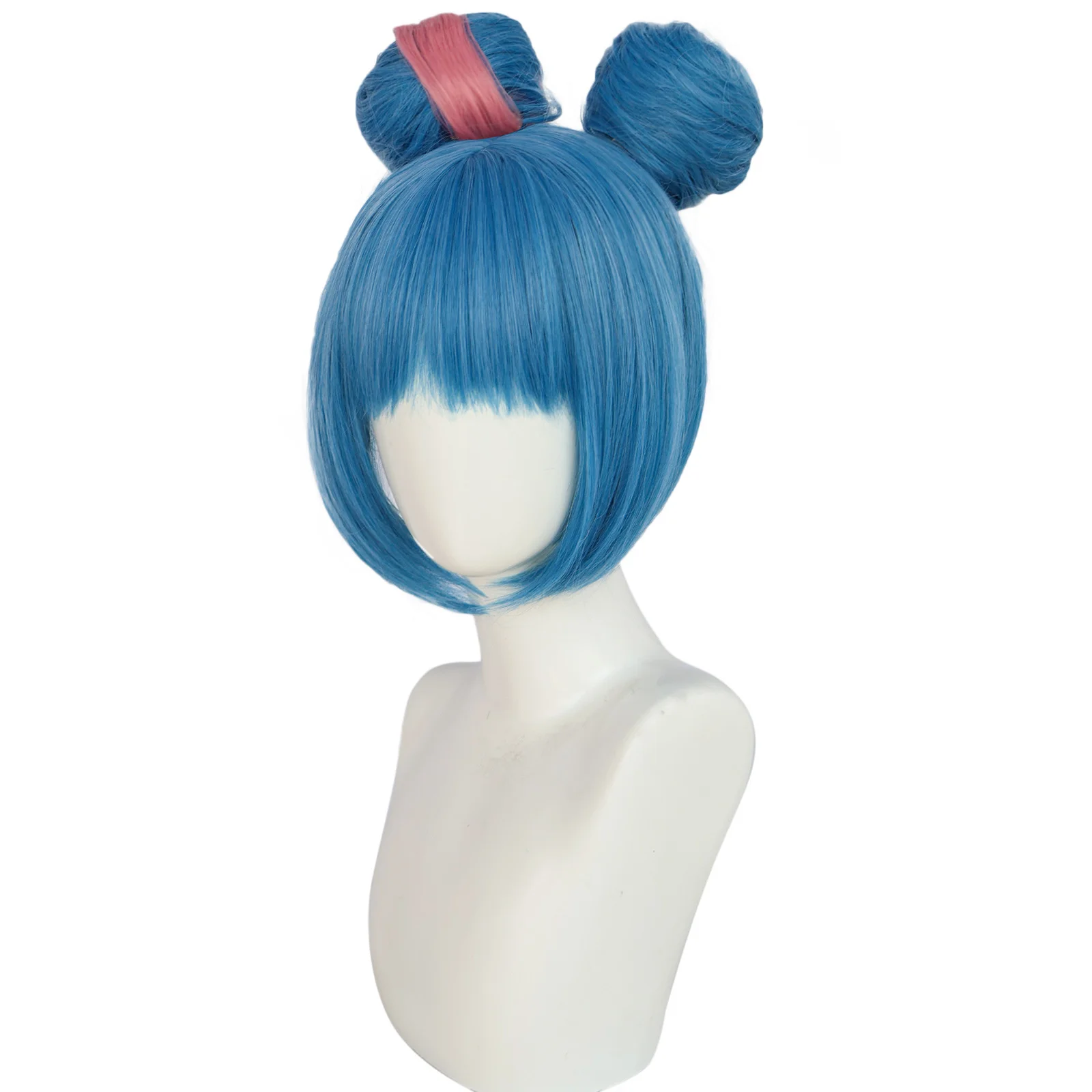 Jogo jinx cosplay peruca feminina resistente ao calor headwear azul franja coque duplo cabelo buns festa de carnaval de halloween