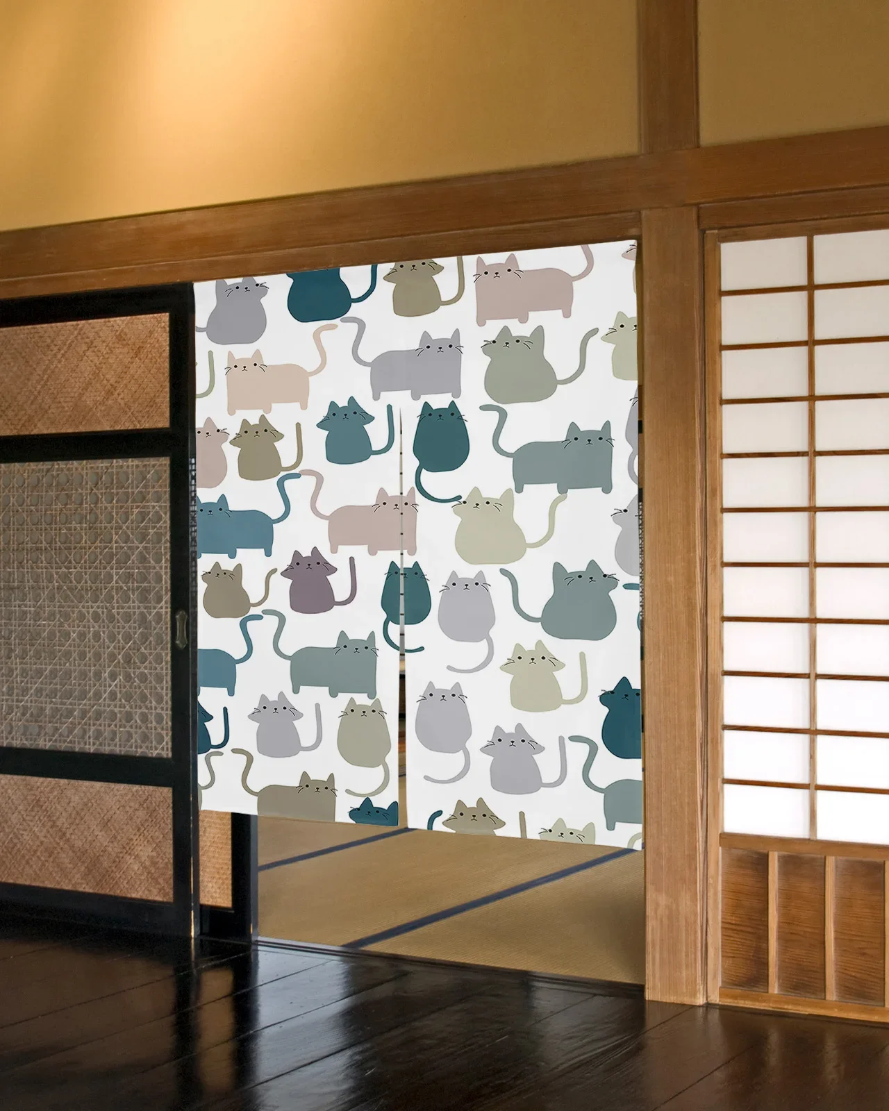 Kawaii Colorful Cat White Door Curtain Japanese Partition Kitchen Decorative Drapes Entrance Hanging Half-curtain Doorway Decor