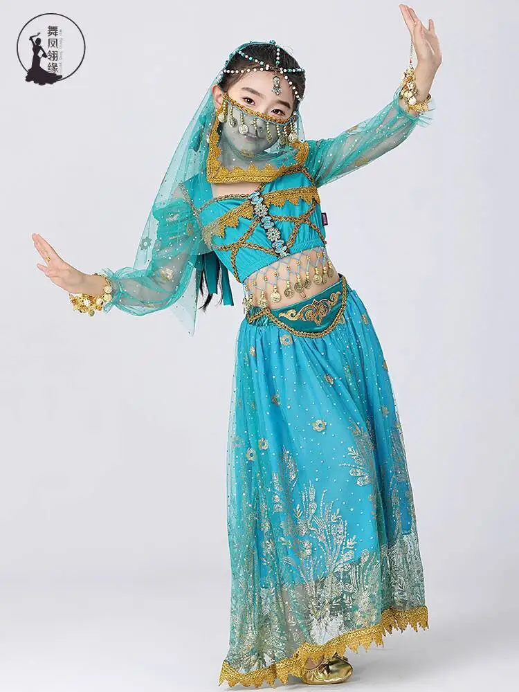 Nuevo traje de actuación infantil danza india princesa jazmín traje de manga larga danza étnica ropa de estilo exótico