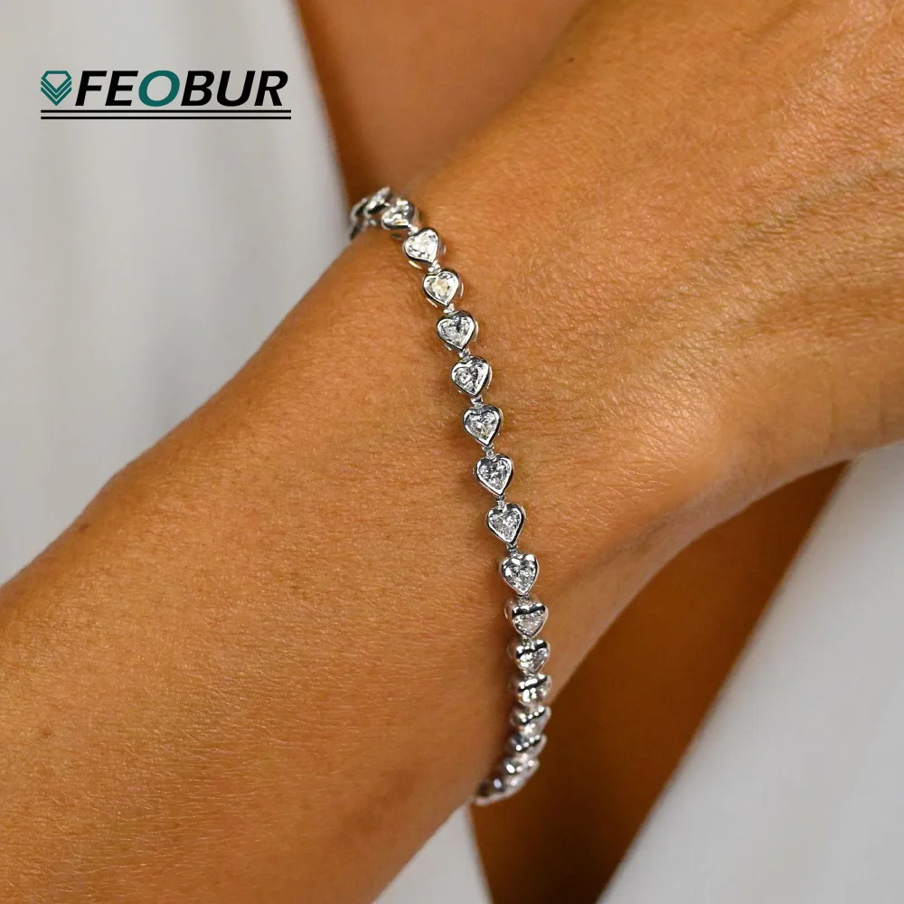 

FEOBUR 2/3mm Heart Bezel Moissanite Tennis Bracelets for Women 925 Sterling Silver Lab Diamond Bangle Certified Jewelry Birthday