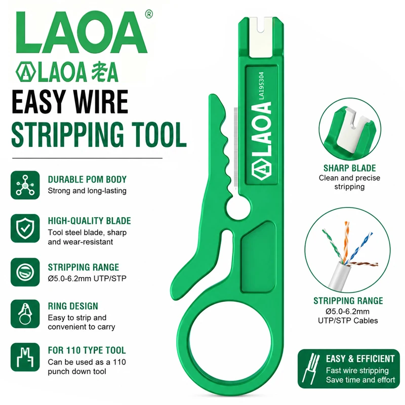 LAOA Mini Multifunctional Wire Stripping Tool, Portable Wire Stripper with Built‑in Cutter, for Network Cable, Telephone Cable