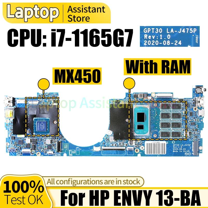 

For HP ENVY 13-BA Laptop Mainboard LA-J475P M20692-601 i7-1165G7 MX450 RAM Notebook Motherboard