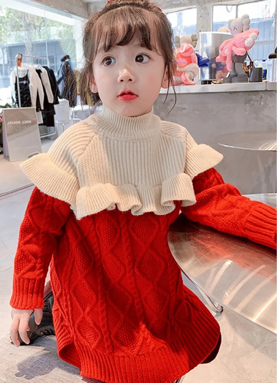 

Autumn Winter Girls Ruffled Sweater Half Turtleneck Colorblock Mid Length Sweater Sweet Children Knitted Pullovers