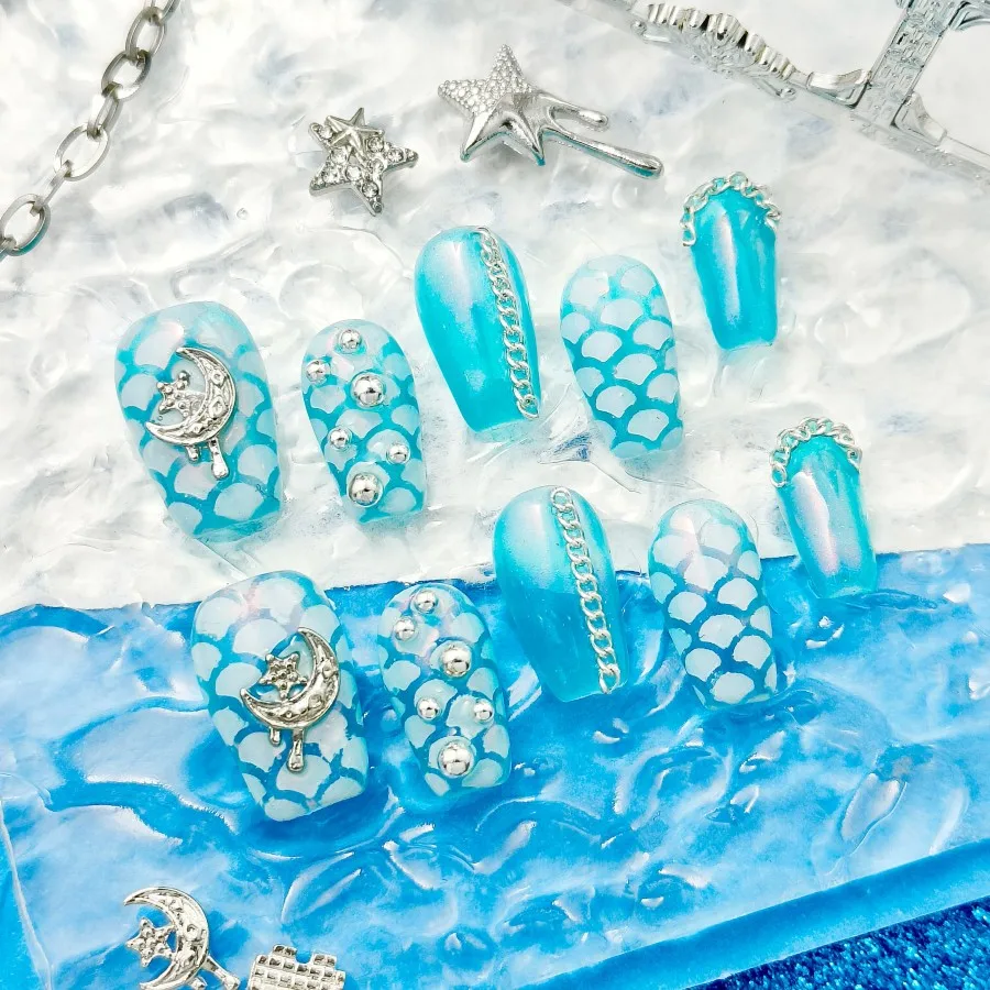 

Transform Your Nails With 10pcs Almond Shape Glitter 3D Fake Nail , Mermaid's dreamy ocean style artificial nails