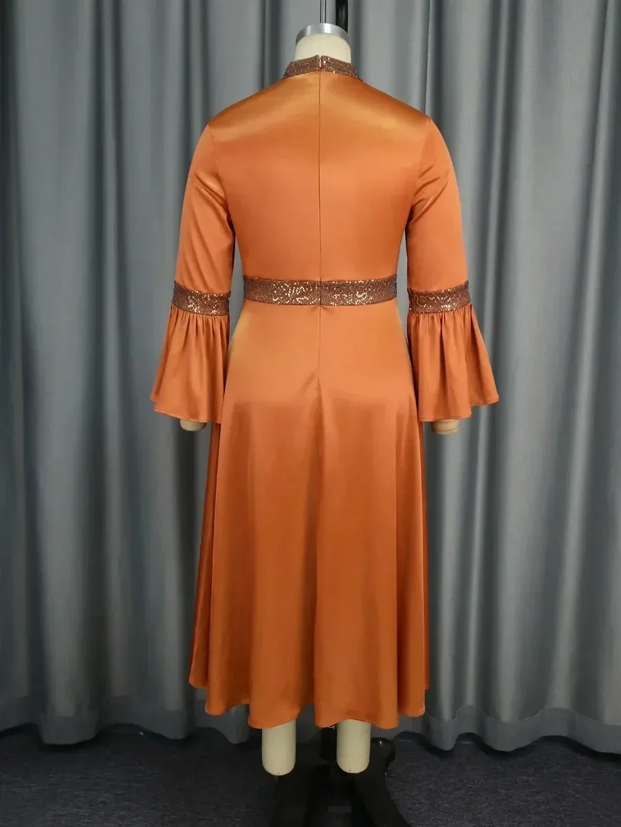 Robe trapèze en satin marron brillant pour femme, col rond, manches longues évasées, paillettes, patchwork, compromis, élégant, formel, église, fête, événement, quel que soit