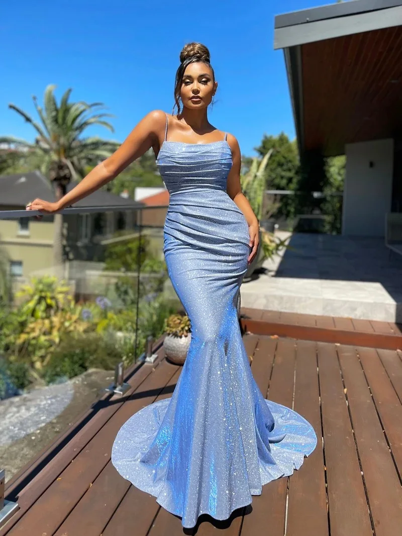 

Fashion Women Sparkle Sapghetti Slip Evening Dress Backless Mermaid Wedding Dress Elegant Floor Length Bridesmaid Vestido Robe