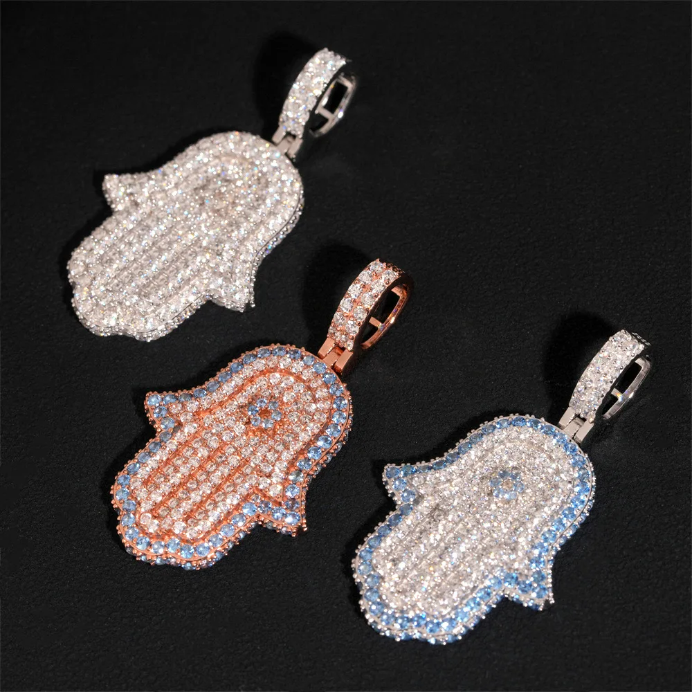 

Iced Bling 5a Zircon Hamsa Pendant 925 Sterling Silver Hiphop Rock Fatima Hand Necklaces Women Men with Rope Chain Wholesale