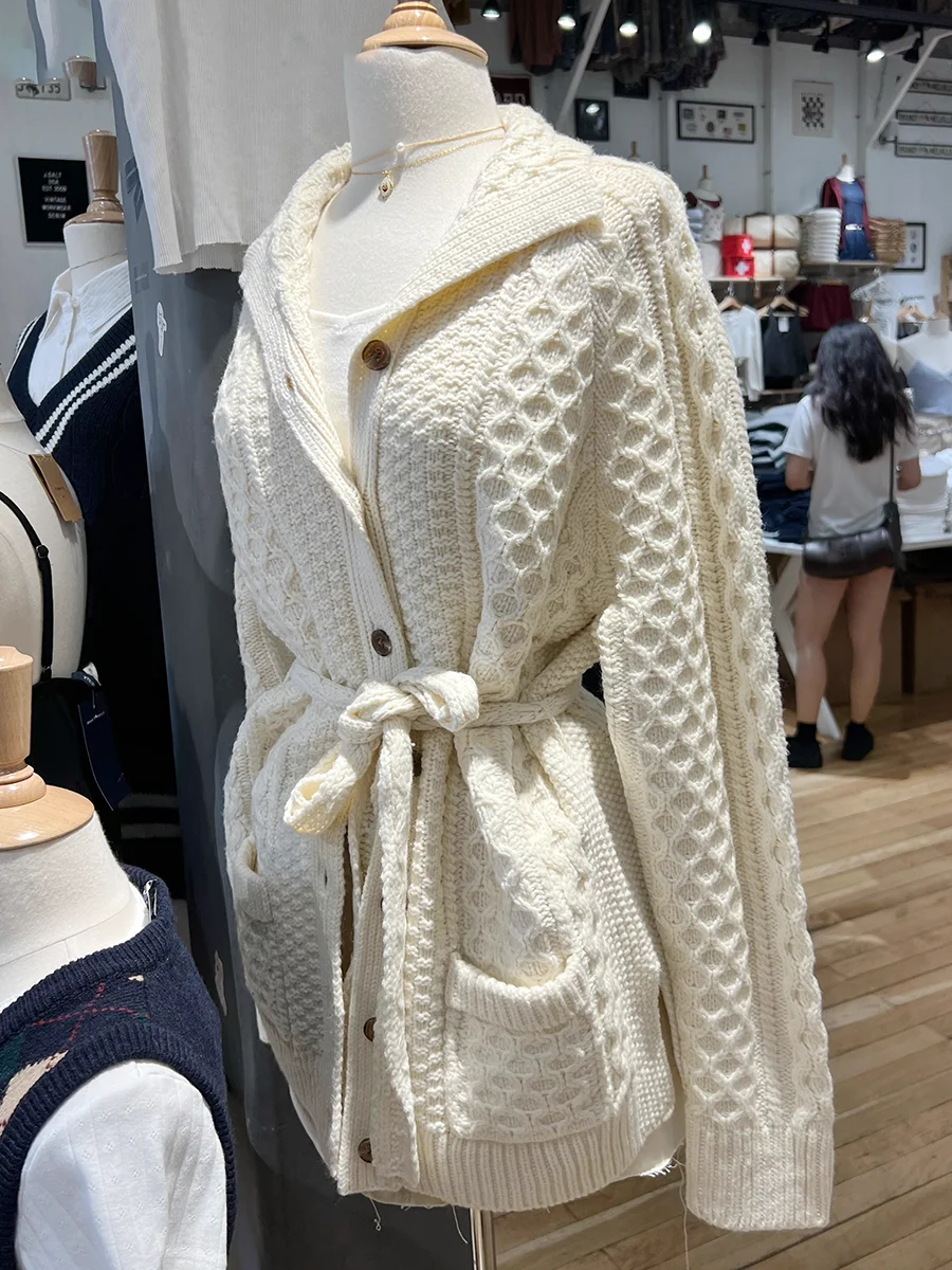 Rhombic Twisted Flowers Solid Long Cardigan Sweater Lapel Belt Single Breasted Pocket Coat Autumn Winter Casual Sweaters Top