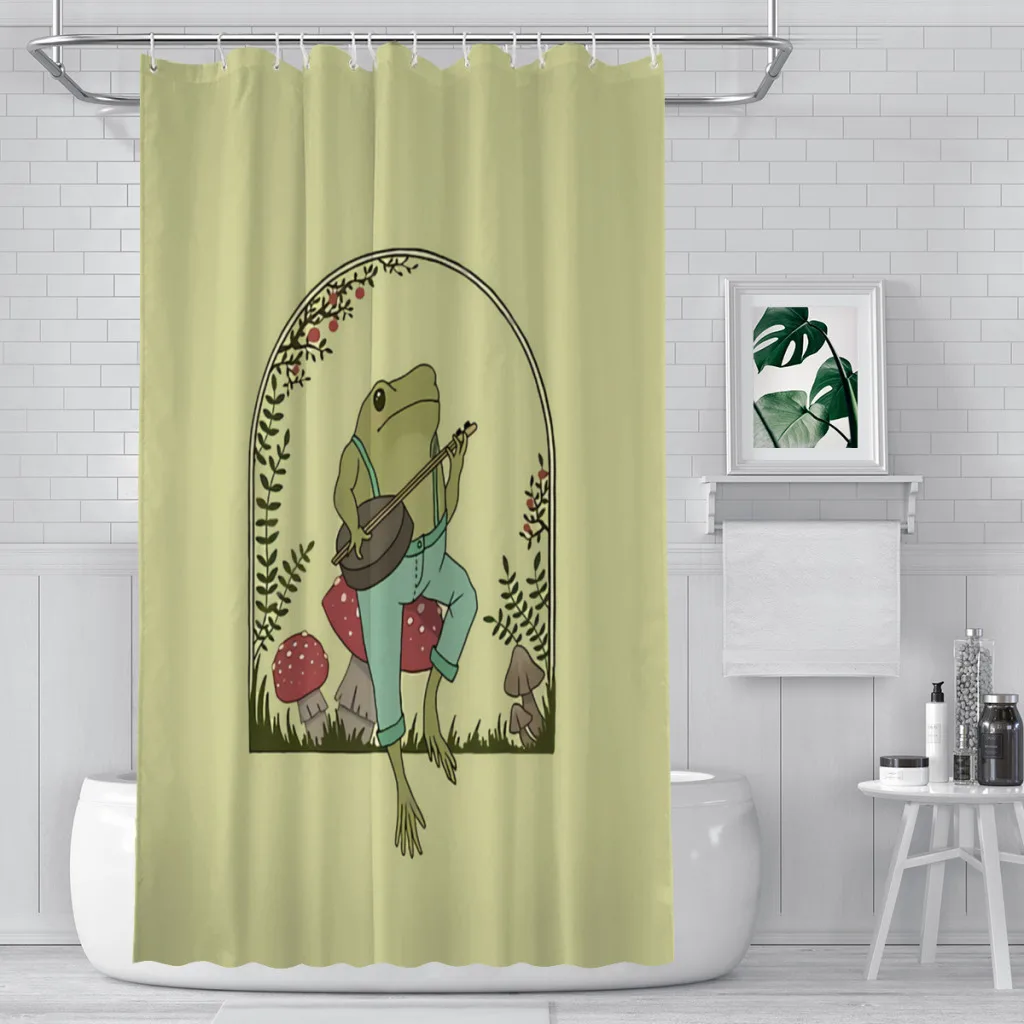 Cottagecore Aesthetic Playing Banjo on Mushroom Vintage Bathroom Shower Curtains Frog Waterproof Partition Curtain Home Decor