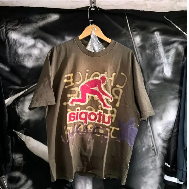 Brown Summer Short Sleeve Utopia Tshirts Sports Portrait Graffiti Letters Cactus Jack Casual Tees Street Men Women Top Outfit