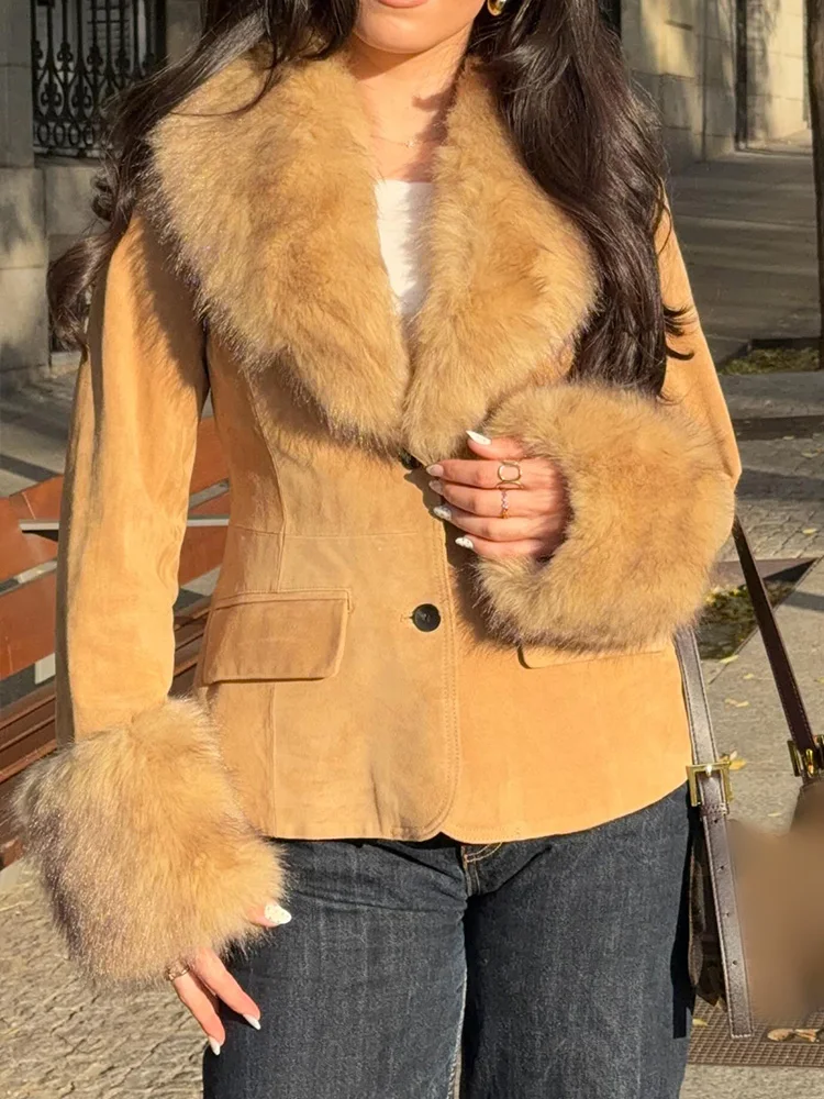 Żakiet damski z odpinanym futrzanym kołnierzem, elegancka kurtka z klapami, długie rękawy, kieszenie, ozdobny, jednorzędowy, modny blezer damski.