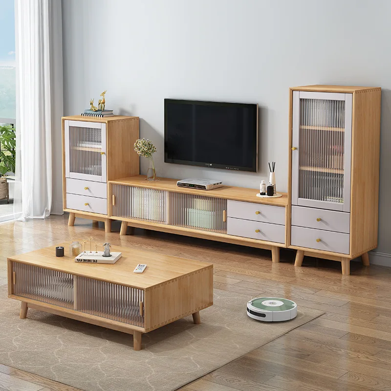 Nordic simple TV cabinet coffee table combination living room home modern solid wood small apartment Changhong glass log color