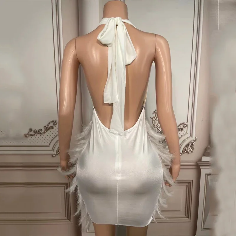 Completo de pérolas strass halter vestido sexy pena branca vestido de baile pólo vestido de dança roupa aniversário celebrar traje xs5263