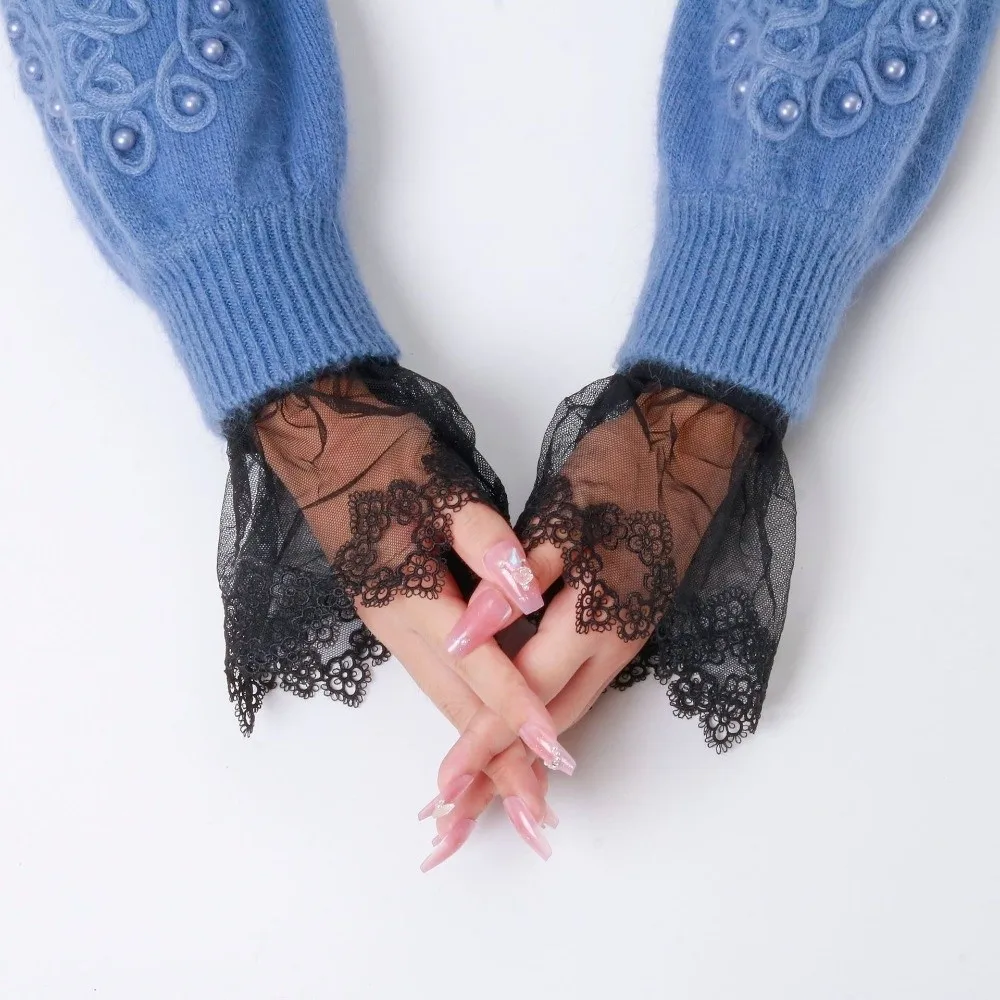 1 Pair Elegant Versatile Lace Sleeves Elastic Detachable False Sleeves Floral Embroidery Solid Color Lace Cuffs for Women
