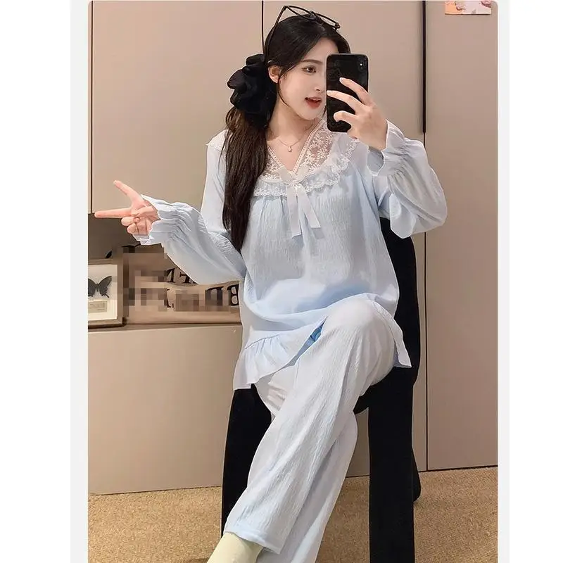 Women's Lace V-Neck Pullover Long Sleeved Long Pant Home Suit Set for Girls In Spring Autumn New Pajamas for Women Two-Piece Set