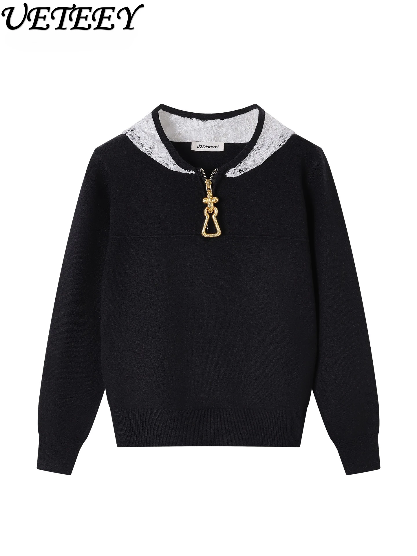 Metal Decoration Half Zip Lace Cap Spliced Knitted Pullover 2026 Spring and Autumn New Versatile Long Sleeve Top for Women