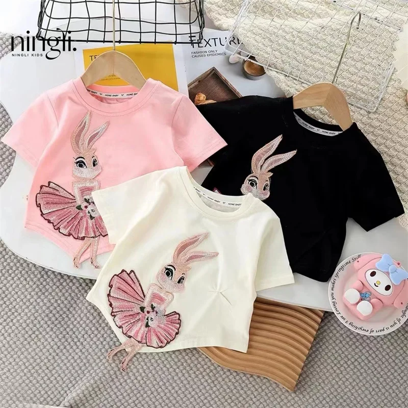 

Children's Short SleeveTT-shirt Fashionable New Top Girls' Three-Dimensional Rabbit Cute Three-Dimensional Western Style Top Fas