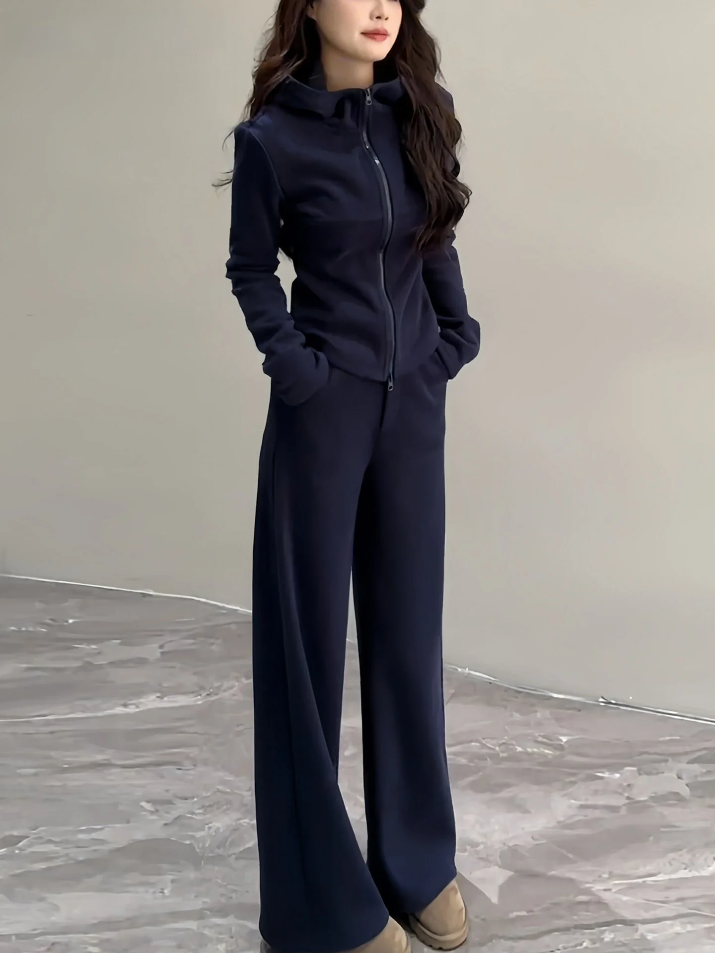 

La Chapelle High-End Sportswear Set Women's Fce-Lined Hoodie And Pants Two-Piece Set k Blue Casual Sportswear