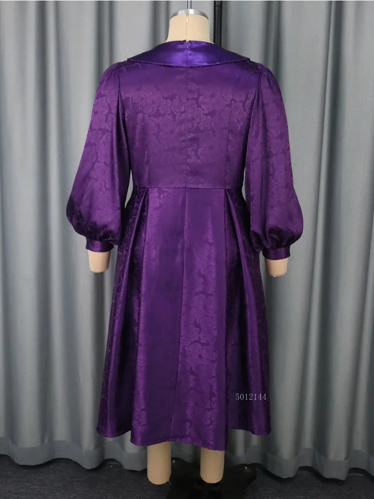 여성 고급스러운 샤이니 자카드 새틴 미디 드레스 턴다운 칼라 랜턴 소매 플리츠 우아한 이브닝 파티 웨딩 게스트 가운