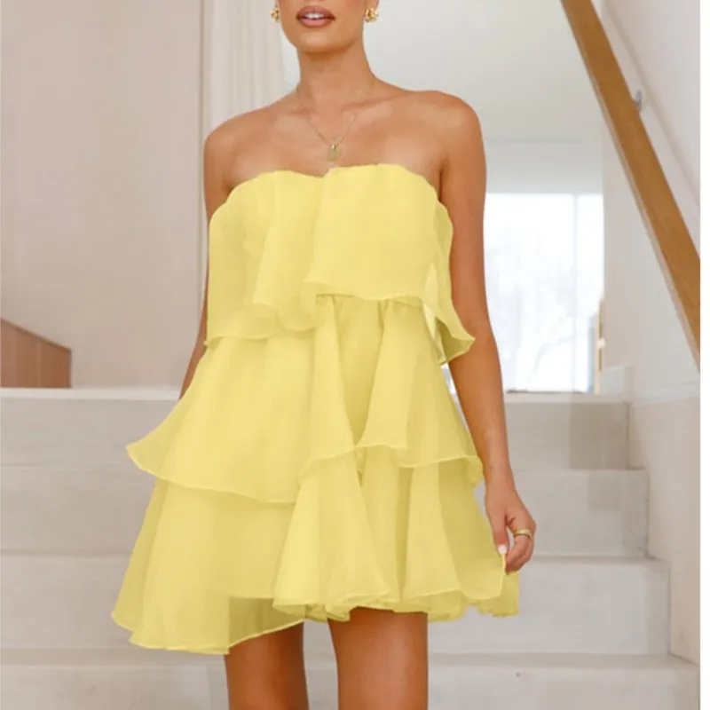 

Sexy Vacation Mini Dresses Women 2025 Summer New Fashion Elegant Strapless Backless Solid Color Cake Dress Beach Party Vestidos