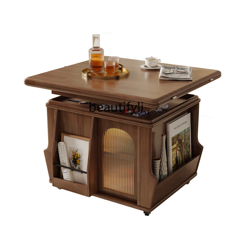 

Lifting folding coffee table all solid wood movable side table cart household small apartment multi-function