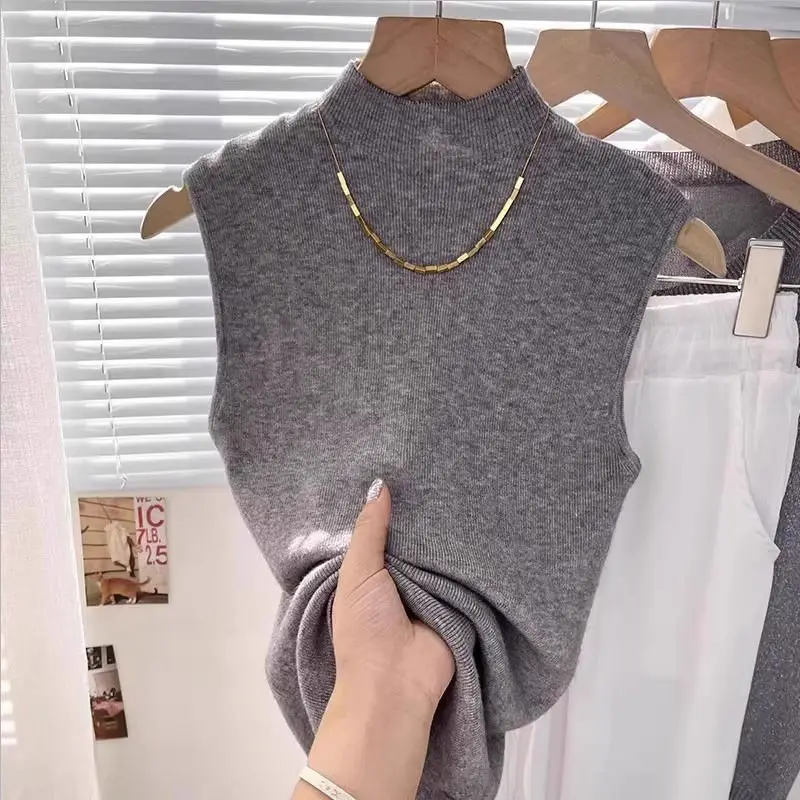 

Высококачественный вязаный свитер, тонкий жилет, универсальный топ без рукавов, тонкий, высококачественный, с воротником до половины высоты