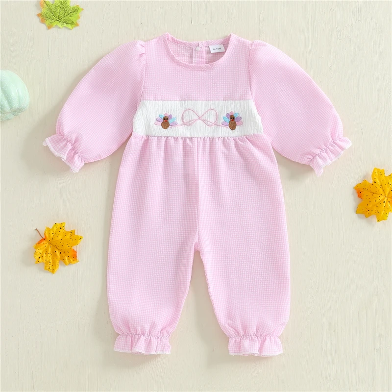 

Комбинезон на День Благодарения для новорожденных девочек, клетчатый комбинезон с круглым вырезом и длинными рукавами с турецким бантом на осень