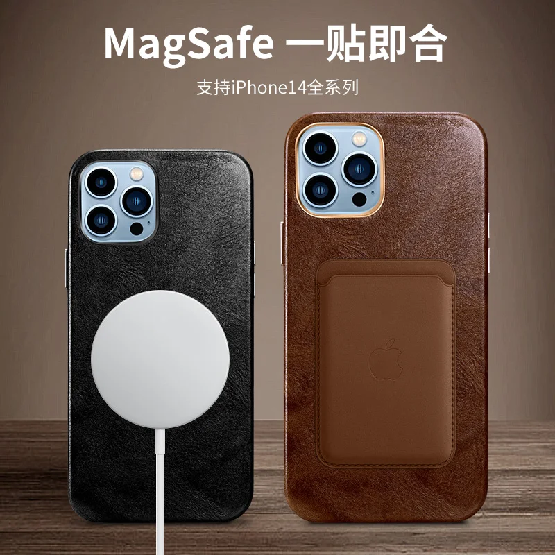 For iPhone 14 Pro Max Plus iPhone14 Genuine Premium Cow Leather Flip Mobile Phone Case Magnetic Magsafe Back Cover Oil Wax Retro