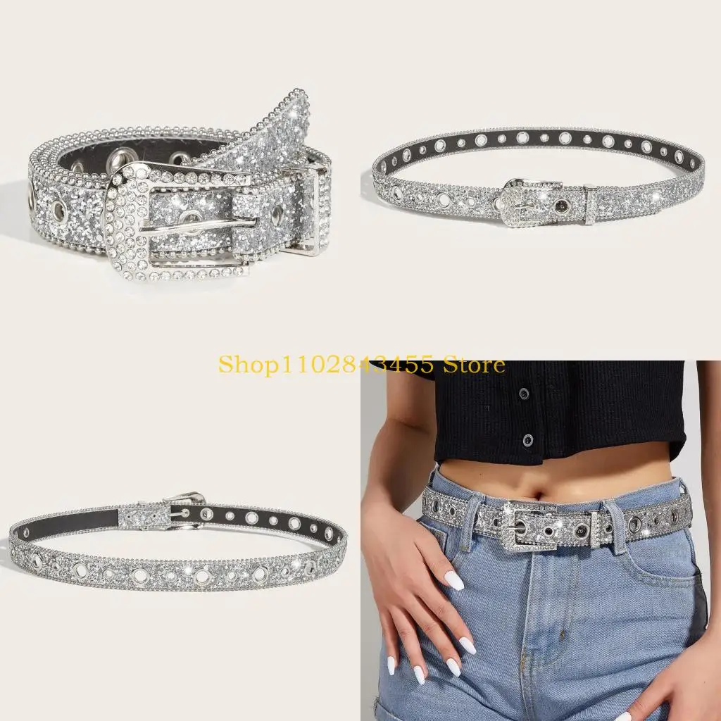 

49MC Punk Rhinestone Buckle Belts Woman Locomotive Full Sequins Waist Belts Western Cowgirl Y2K Girls Belt for Jeans Men