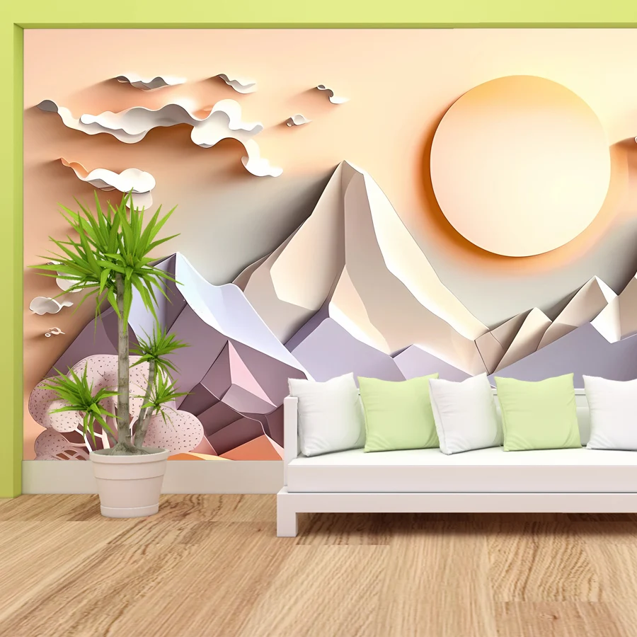 Self Adhesive Optional, 10+ Cartoon Landscape Mountain Sun Wall Papers Home Decor Panel for Living Room Kids Baby Mural Covering