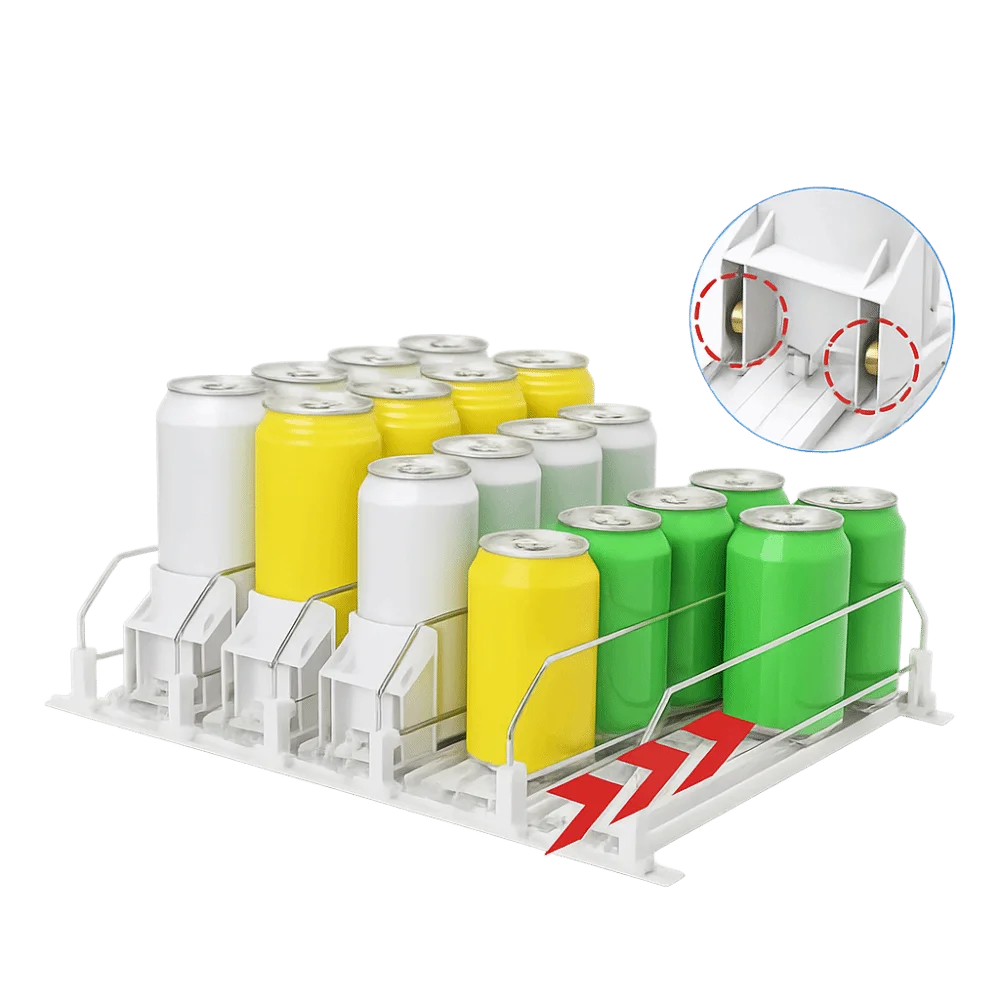 Self-Sliding Drinks Storage Rack Adjustable Width E-shaped Refrigerator Drink Organizer Spring Push Canned Beverage Shelf