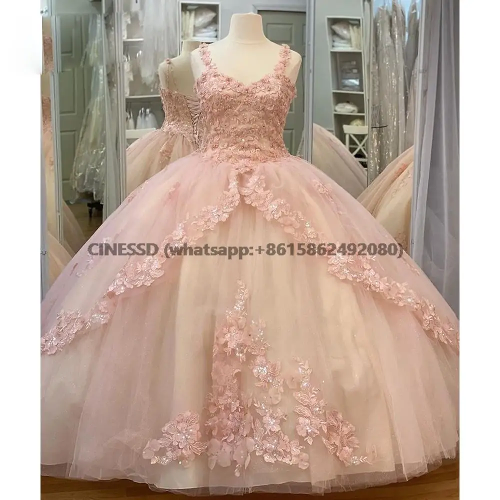 

Pink Tiered Skirt Floral Appliques Lace Quinceanera Dresses Ball Gown Sweetheart Spaghetti Straps Corset For Sweet 15 Girls