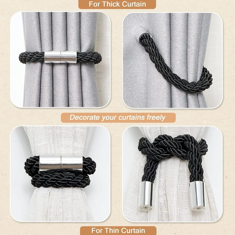 2-Pack Strong Magnetic Curtain Tiebacks – Modern Weave Rope, Black