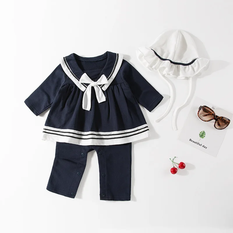 Baby Girl Cotton Navy Skirt Romper Long Sleeve Infant Crawling Bodysuit Hat 2pcs Set Daily Outdoor Home Newborn Toddler Outfit