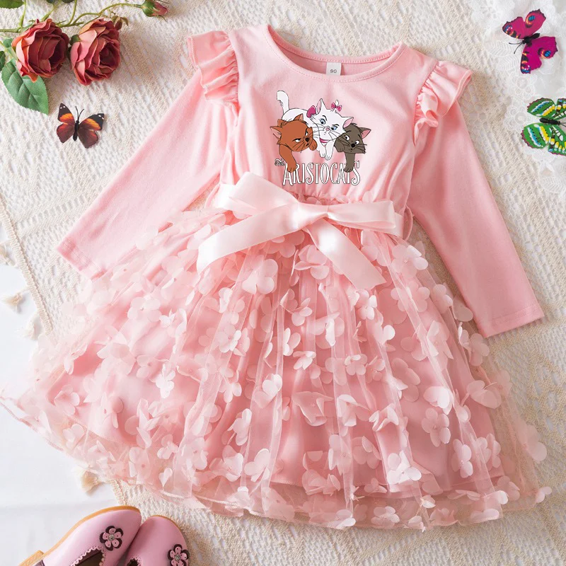 Vestido The Aristocats Marie Cat infantil, Manga Comprida, Casual, Borboleta 3D, Fofo, Bebés Meninas, Vestidos de Festa Princesa, Outono, 2-6 Anos