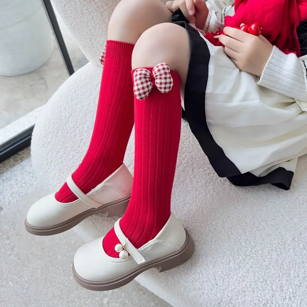 

Warm Middle Tube New Year Red Socks Thicken Sweet Bow Hosiery for Princess Cotton Children Long Socks Autumn