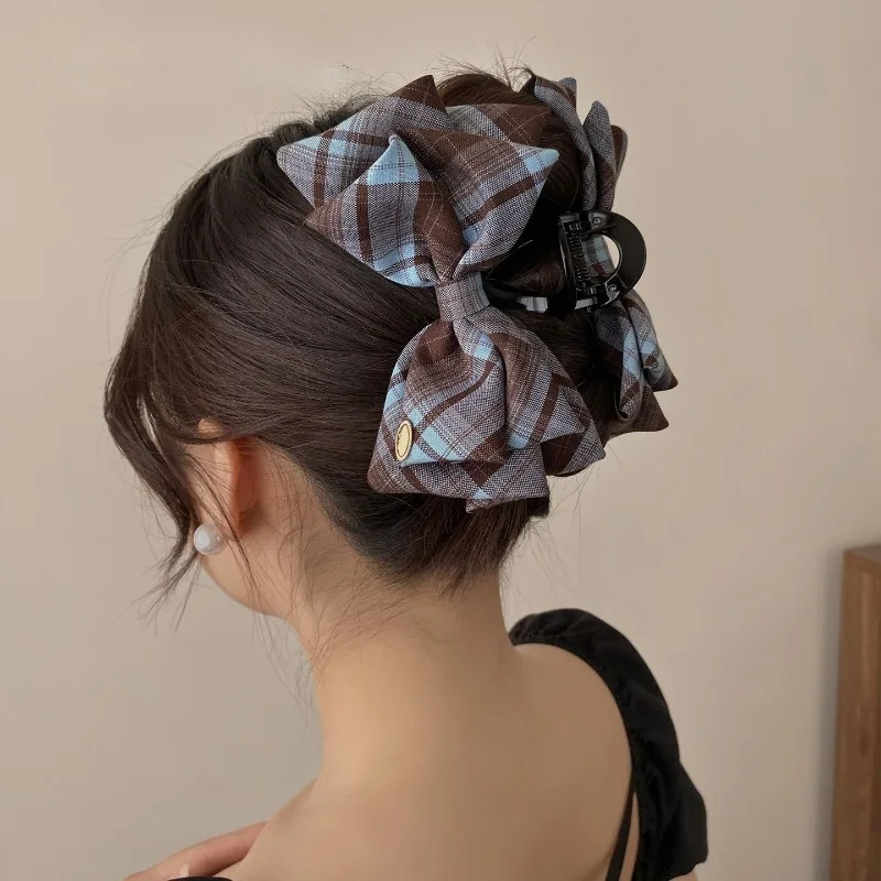

Large Korean Style Plaid Bow Hair Claw Clip Blue Brown Checkered Fabric with Golden Accents Secure Hold for Hair