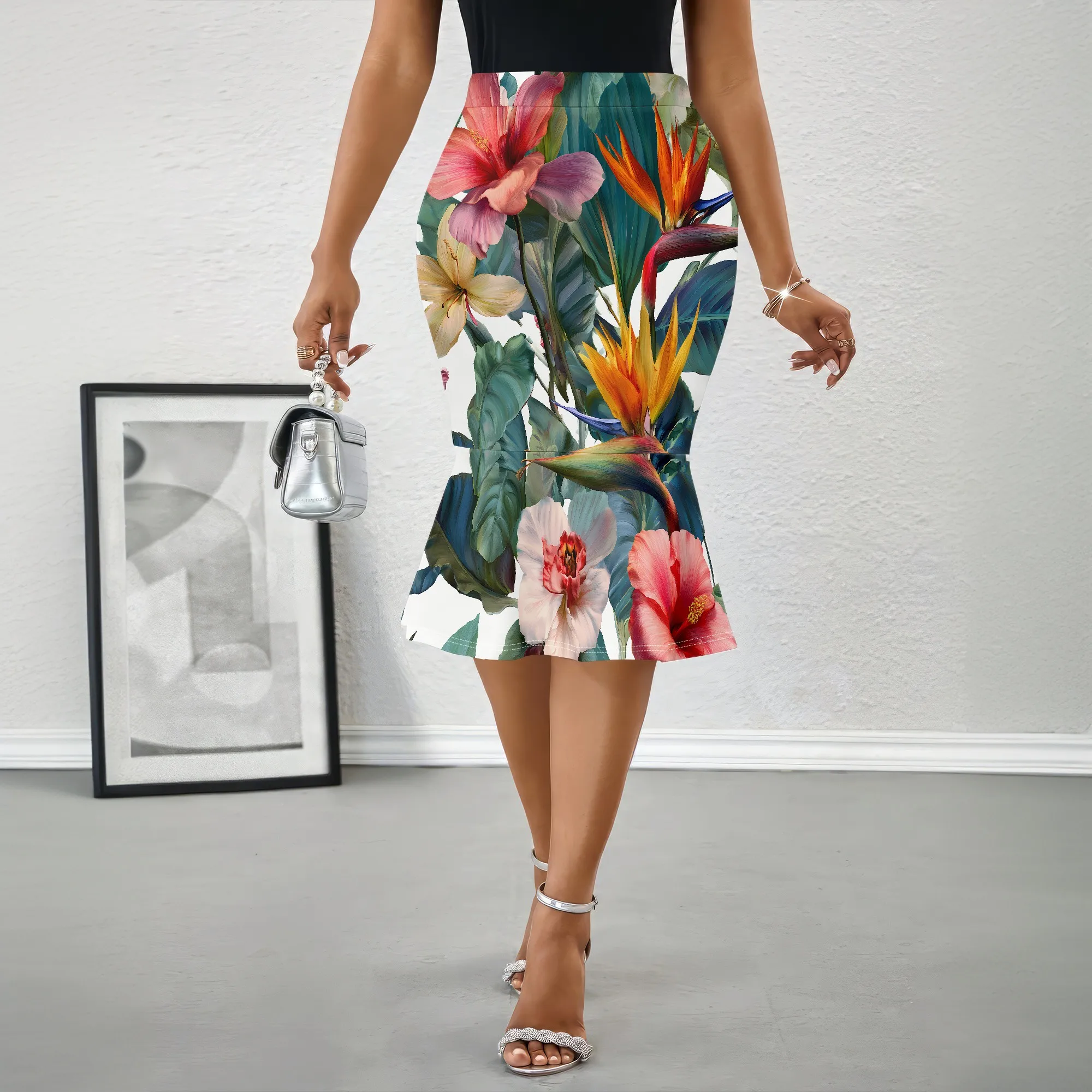 Floral Print Midi Skirt, Tropical Hibiscus Pattern, Bird of Paradise Design, Mermaid Hem, Elegant Office Party Wear, S-2XL