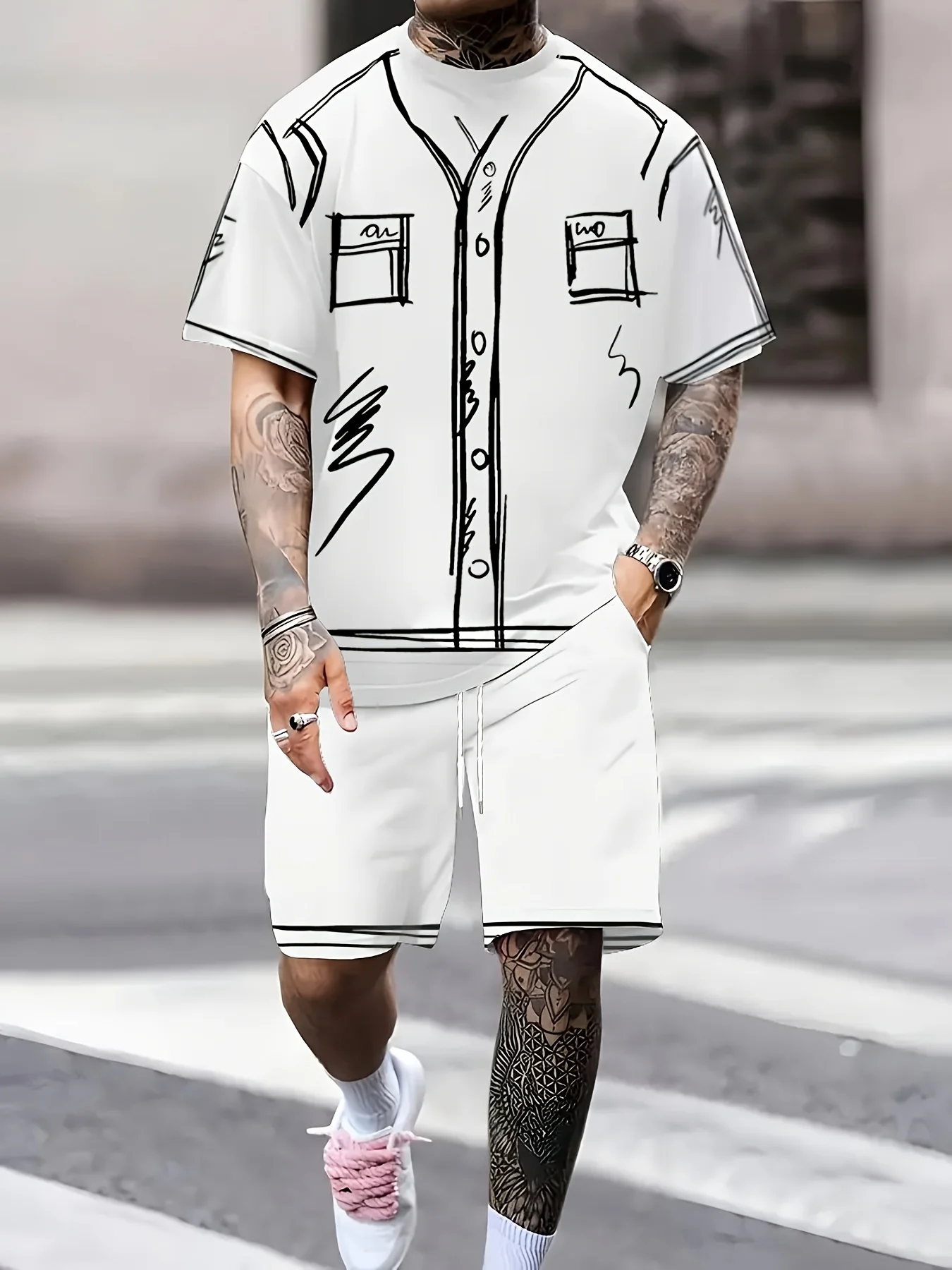 

The 2025 summer new men's suit with printed graffiti patterns is casual, fashionable and breathable