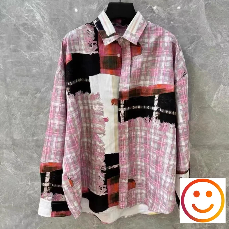 Color Match 3D Print Plaid Fold Cotton Loose Shirt Men Women Casual Streetwear V-shape Long Sleeve Blouse