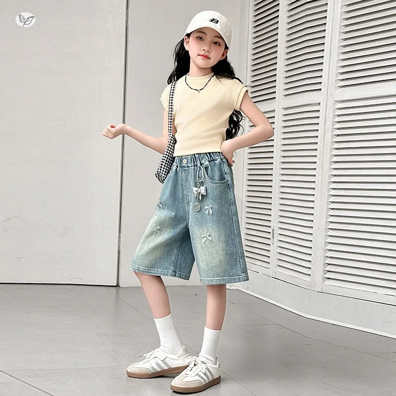 UNITIM Kids Girls Jeans Thin Plaid Star Young Teenager Girls Cropped Pants Loose Elastic Waist 3-14Yrs Children Girls  Shorts