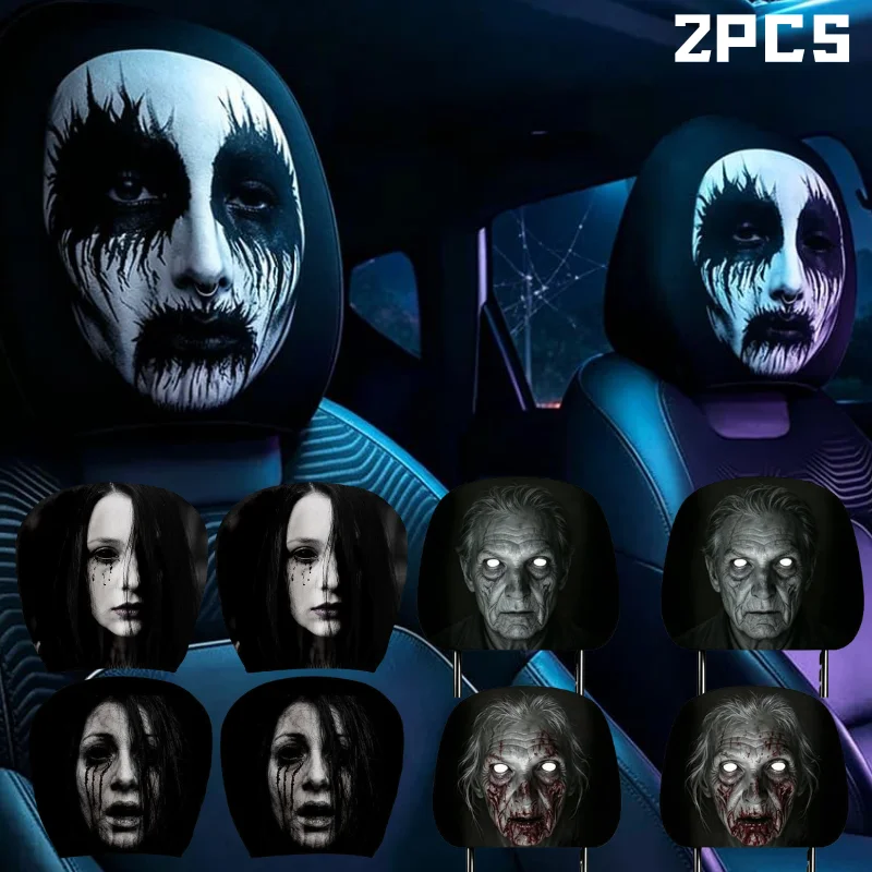 2PCS Halloween Horror Character Car Headrest Covers Universal Spooky Ghost Zombie Print Auto Seat Head Rest Protective Case