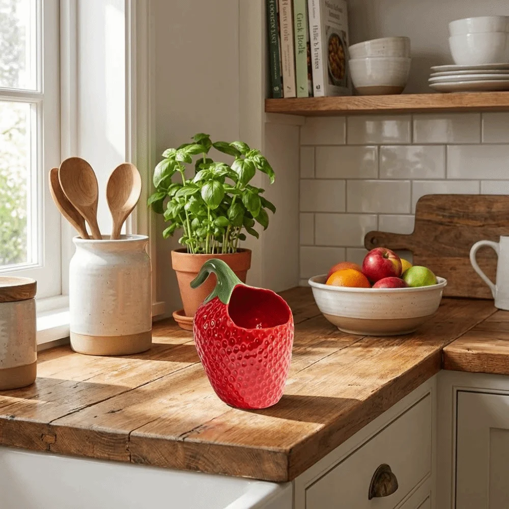 

Vase Ceramic Butter Freshness Jar Strawberry Shape Dustproof Cheese Box Decorative Exquisite Chopstick Tube Household Use