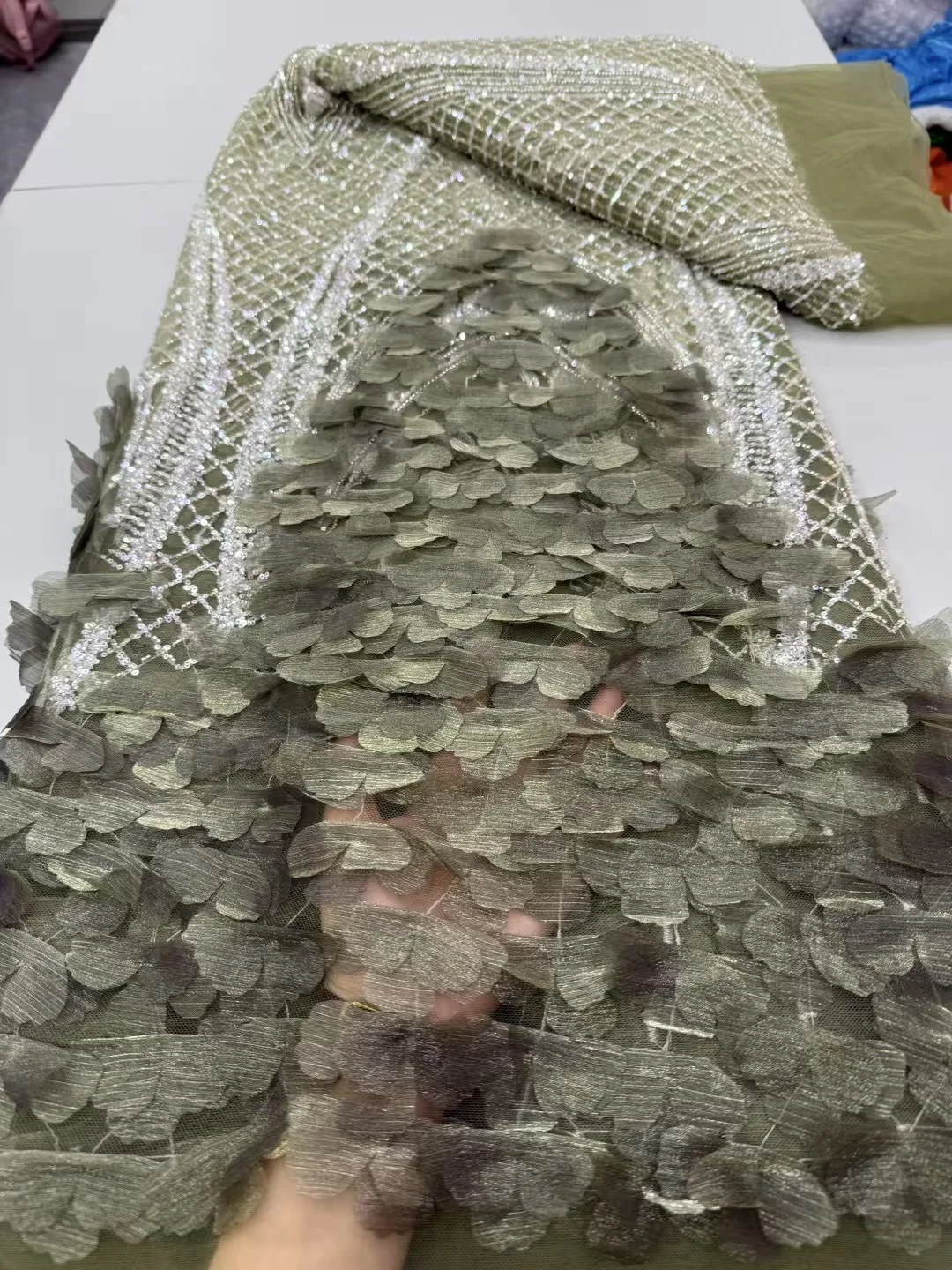 Peach High Quality African Lace Fabric Sequins Mesh Lace France Luxury Beads 3D Embroidered Tulle Lace Fabric For Sewing A1141-1