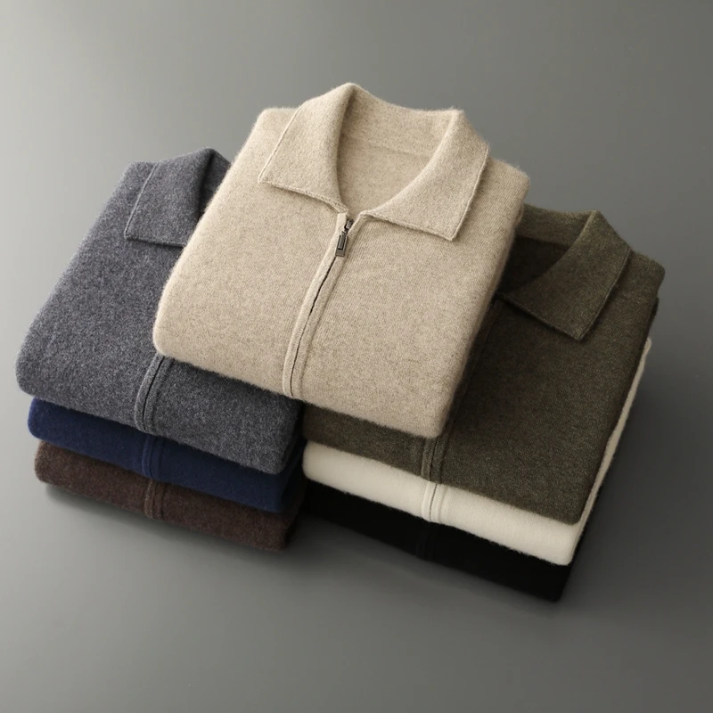 

Men 100% Cashmere Sweater Zipper Cardigan Autumn Winter Thick POLO Neck Long Sleeve Cashmere Knitwear Smart Casual Clothing Tops